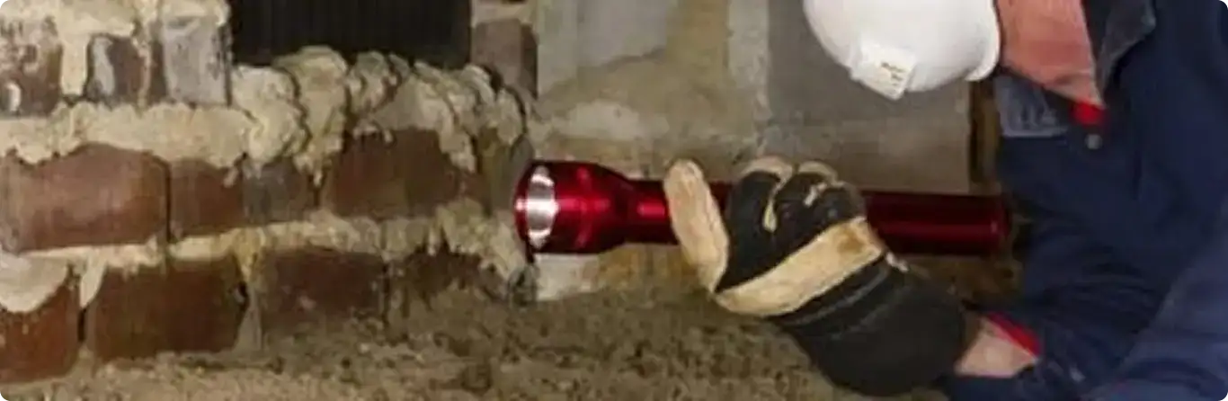 Pest control technician inspecting a crawl space for ant activity in Cherry Valley, MA