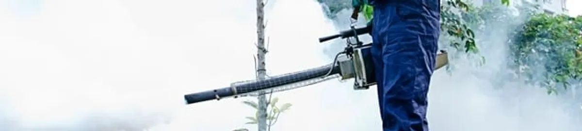Pest control technician fogging an outdoor area for insect control in Worcester, MA